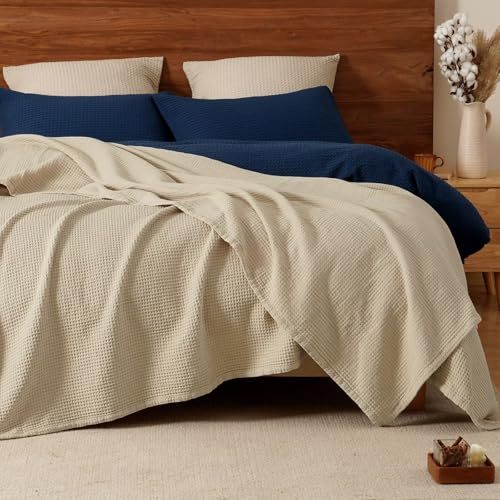 PHF 100% Cotton Waffle Muslin Blanket Twin Size, 66" x 90" Lightweight and Breathable Washed Cotton Blanket, Aesthetic Soft Muslin Waffle Bedding for Sofa Bed Home Decor, Oak