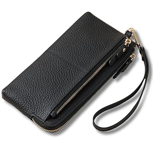 EutDett Genuine Leather Wristlet Wallets for Women RFID Blocking Small Wristlet Clutch Purse with Wrist Strap for Travel & Daily Use (Black)