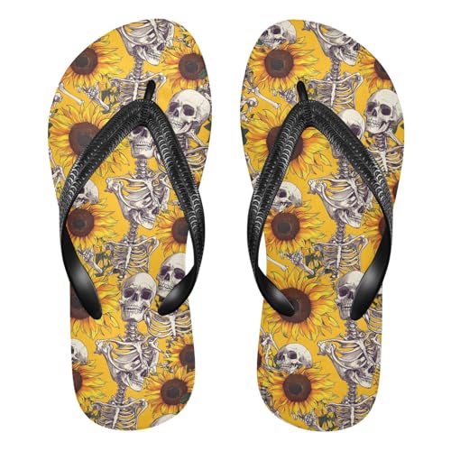 Women Flip Flop Sandals Casual Summer Sandal, Mens Flip Flops for Beach Outdoor-Skulls Sunflowers Print XS
