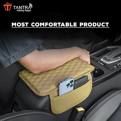 Image of TANTRA Car Armrest Cover Cushion with 2 Storage Bags - Soft, Comfortable, Non-Slip Protector for Vehicle Center Console - Waterproof, Durable, and Stylish (Beige)