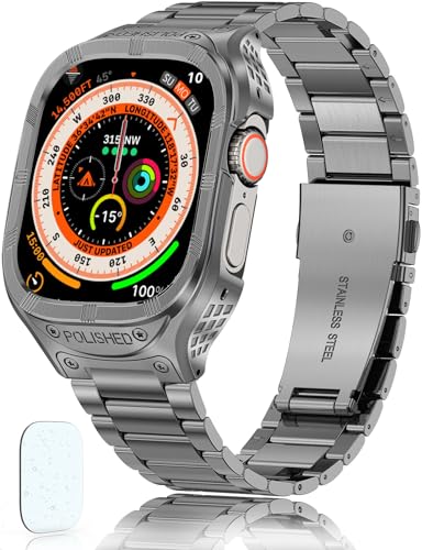 Bracelet Apple Watch Ultra 49mm en acier gris avec coque de protection et verre trempé 9H