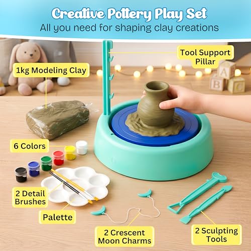 Image of Kidsmate Pottery Making Kit for Kids | DIY Art & Craft Clay Kit with Battery Operated Pottery Wheel, Paints, Tools & Brushes | Creative Toys for Kids 6+ Years