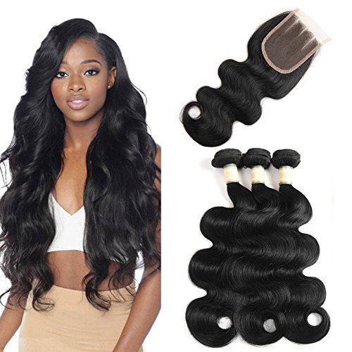 Brazilian Virgin Hair Body Wave 3 Bundles with Closure 10A Grade 100 Unprocessed Human Hair Weave Extensions Bundles with 4×4 Three Part Lace Closures Brazilian Hair With Closure (18 20 22+16)