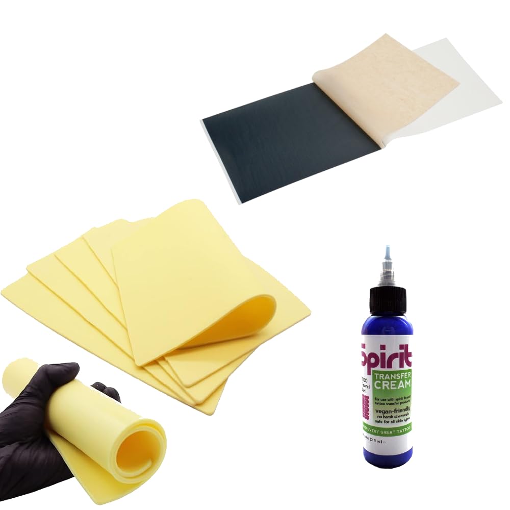 Piel sintética para tatuajes de 3 mm formato A4 + hojas de papel manual Spirit + Plantilla Spirit 30 ml Kit (10 uds. piel, 10 uds. papel, 1 plantilla)