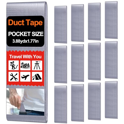 Image of 12 Pack 1.77 in x 10 ft Travel Duct Tape Mini Pocket Size Flat Roll Flexible Heavy Duty Waterproof Tear by Hand for Repair Outdoor Emergency Gear EDC DIY Craft Camping Hiking (Silver)