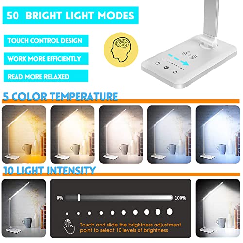 JOSTIC LED Desk Lamp with Wireless Charger, USB Charging Port, Desk Light with 10 Brightness, 5 Color Modes, Dimmable Eye Caring Reading Desk Lamps for Home Office, Touch Control, Auto Timer, White - Image 3