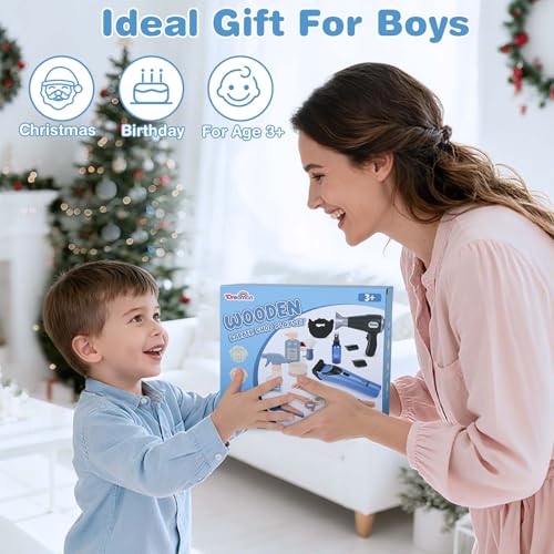 Barber Shop Pretend Play Set, Kids Shaving Kit Wooden Hair Salon Toys for Boys with Wearable Beard, Electric Shaver, Blow Dryer, Tool Bag, Toddler Role Play Barber Accessories for Boys & Girls Gifts