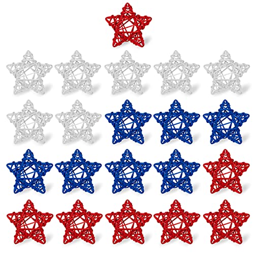 DomeStar 21PCS 4th of July Rattan Balls,Red White and Blue Star Shaped Wicker Balls for Independence Day Decor DIY Craft Vase Bowl Filler Table Centerpieces