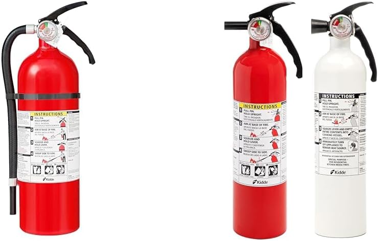 Extintor de incendios Kidde para uso doméstico, garaje y taller, 3-A:40-B:C, 8,85 libras. Y extintores de incendios de cocina para uso doméstico y de oficina, paquete de 2: un extintor de cocina 1-A:10-B:C y un extintor de cocina especializado