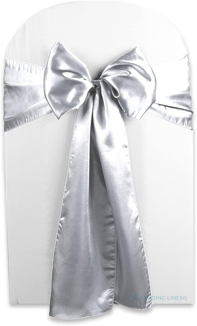 Satin Bow Sash Chair Cover Decoration - Elegant Sashes for Weddings, Banquets, Receptions, Special Events, Restaurants, and Parties - 28 Available Color Choices, Set of 100, Silver