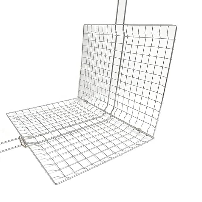 TRIMART Stainless Steel Portable Barbecue BBQ Grill Net Basket Roast Grilling Tray Plated with Wooden Handle (46.5 x 24 x 2 cm) (1 BBQ Mesh Basket Set + 6 BBQ Skewers Sticks) - Image 5 thumbnail