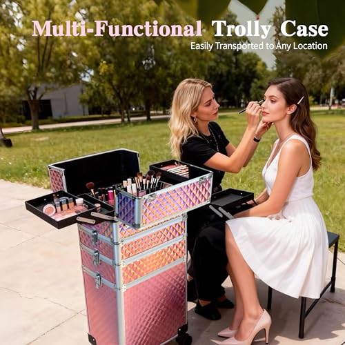 Image of 5 in 1 Rolling Makeup Train Case on Wheels Large Cosmetic Organizer Travel Cart for Women Beauty Salon Barber Hairstylist Pink