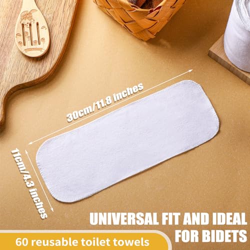 Image of FuWeave 60 Pack Reusable Toilet Paper No Tear Bidet Towels, White | Washable 11.8 inch x 4.3 inch Cotton Flannel Family Cloth Wipes with Snaps, Paperless Roll for Bathroom, Travel, Cleaning and Drying
