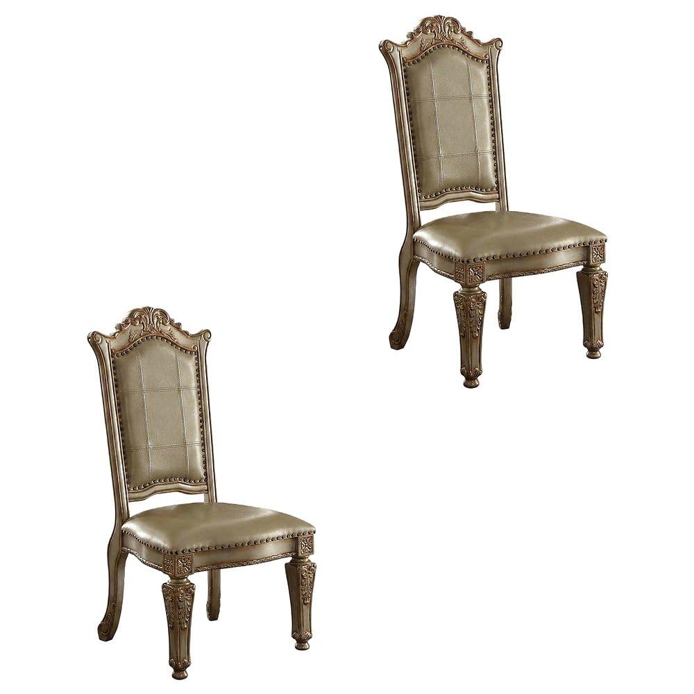 PU Leather-Upholstered Dining Side Chair with Gold Patina Wood Frame by Furnifact – Wood, Bone Pu &Amp; Gold Patina, Pack of 2