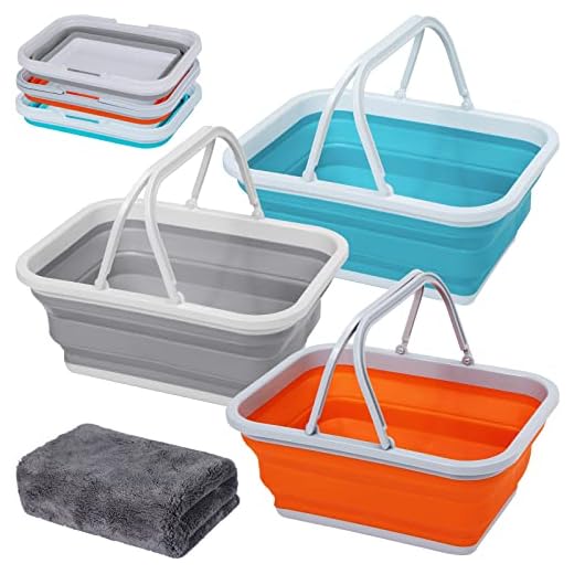 AUTODECO 3 Pack Collapsible Sink with Handle Towel, 2.37 Gal / 9L Foldable Wash Basin for Washing Dishes, Camping, Hiking and Home Orange&Gray&Blue