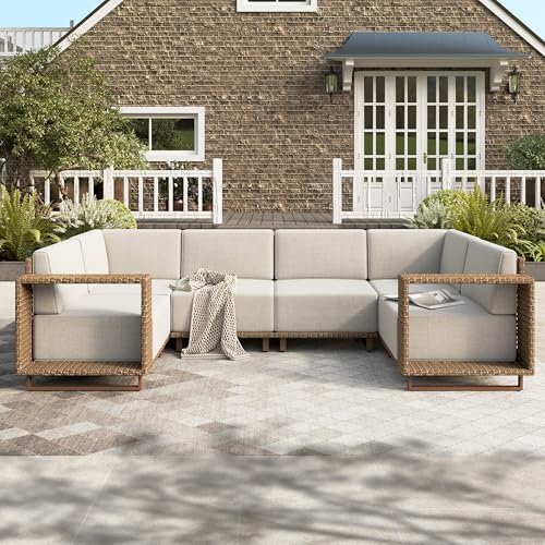 Image of HERA'S HOUSE Patio Furniture Set, Outdoor Sectional Wicker Sofa, 6-Seat Yellow Rattan Conversation Set with 5.3 inch Widened Armrest, 10 inch Thick Comfy Cushion, Low Profile Lawn Garden Deck Pool Furniture