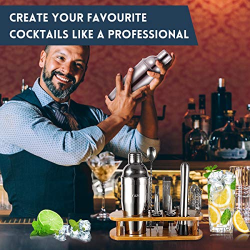 12-Piece Cocktail Shaker Set with Stand – 25oz Bartender Kit Including Shaker Jigger Muddler Bar Spoon Strainer Tongs 4 Pourers & Opener – Gift Box for Home Entertaining