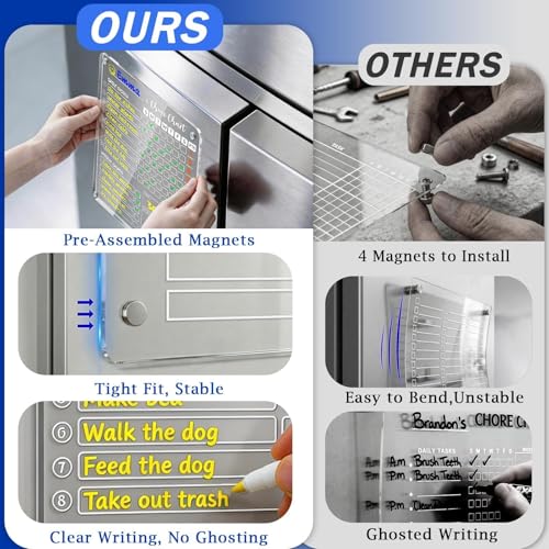 Image of PigPotParty Acrylic Magnetic Chore Chart for Kids, 2 Pack 12 x 9.5 Inch Reward Chart for Multiple Kids and Teens, Dry Erase Chore Board for Fridge, Embedded Magnets, 8 Wet Erase Markers and 1 Towel