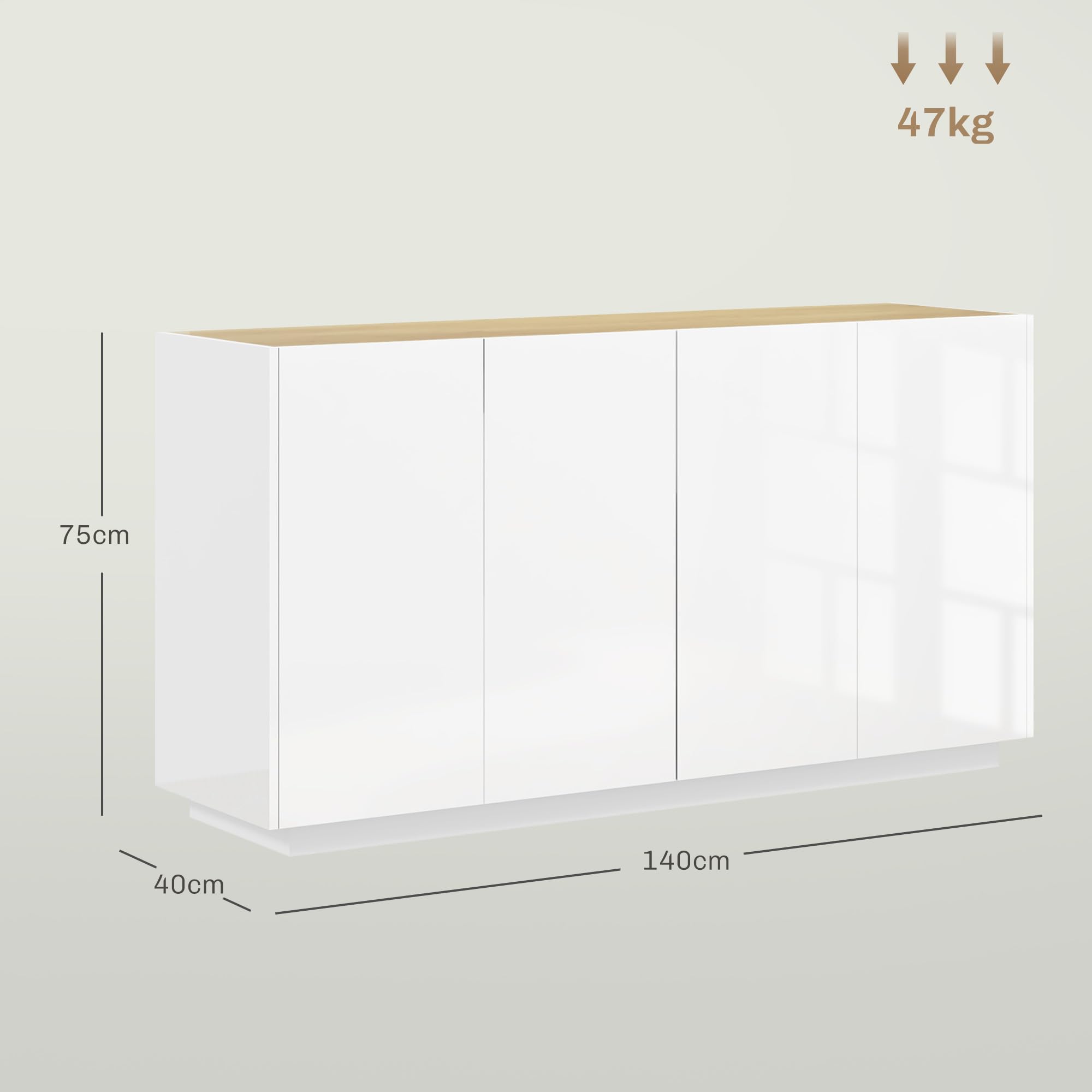 HOMCOM Credenza Soggiorno con Armadietti a 2 Ante, Madia Soggiorno Moderna con Ripiani Regolabili e Chiusura Ammortizzata, per Sala da Pranzo e Soggiorno e Salotto, 140x40x75 cm, Bianco Lucido