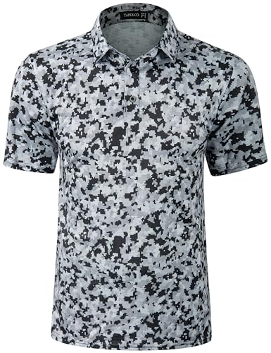 TAPULCO Mens Fashionable Patterned Short Sleeve Sports Tshirts Quick Dry Breathable Soft Casual Athletic Workout Golf Polo Shirts Mosaic Camo Grey XX-Large