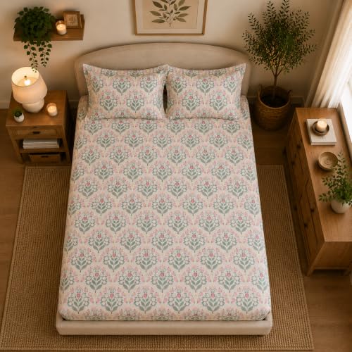 Image of Linen Home Cotton Percale Fitted Bedsheet Set Double Size Sequence Pink