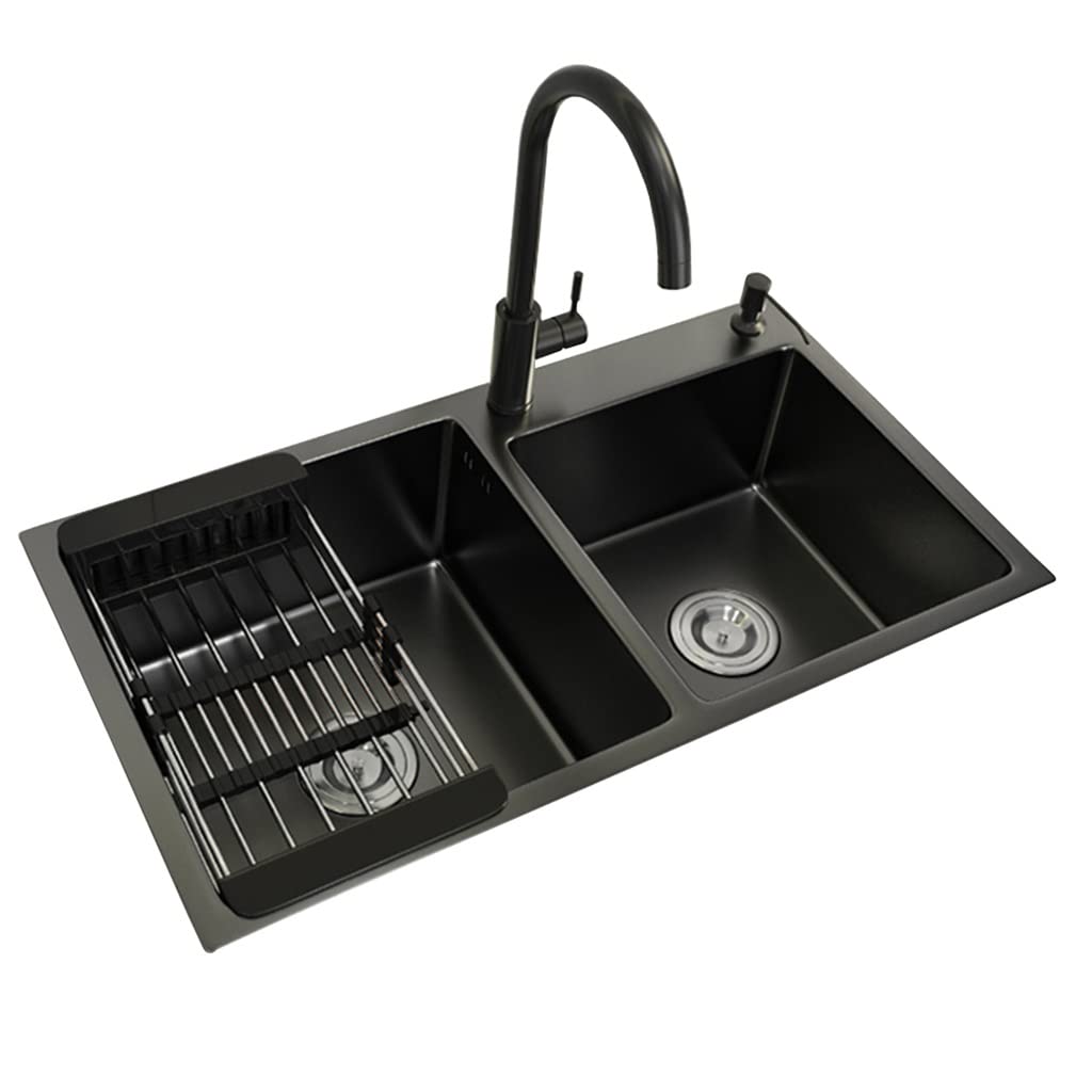 ZQFHSX Kitchen Sinks Black, With Big Bend Faucet ​Bar Prep Sink, 304 Stainless Steel Deep Double-bowl Sink Basin, Drop-In Or Undermount Installation (Color : Size 80x45cm)