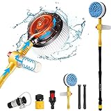 KUJOBUY Rotating Car Wash Brush with Soap Dispenser & Hose Attachment, Soft Bristle Car Spin Mop Washing Scrub Brush Long Handle, Water Flow Through High Pressure Car Cleaning Brush Kit