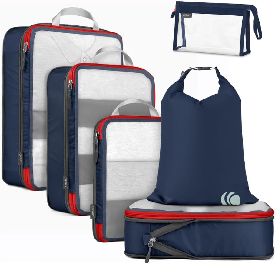 Cipway Compression Packing Cubes, See Through Mesh Luggage Organizer Bags, Travel Essentials for Carry on Suitcase with Laundry Bag and Clear Toiletries Bag(6 Pcs,Blue)