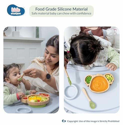 Image of Kids Station Koala Design 5-Piece Silicone Feeding Set for Babies | BPA-Free, Includes Suction Plate, Bowl, Spoon, Fork & Bib | Ideal for Infants & Toddlers (Set of 5 Koala Feeding Set, Green)
