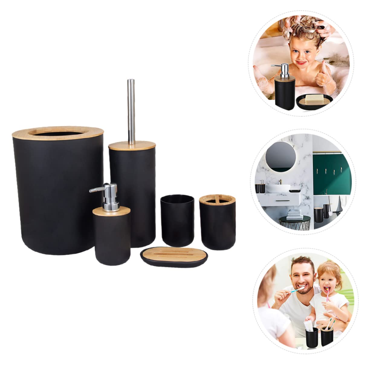 Bambou Set D’Accessoires de Salle de Bain Noir 6 Pièces
