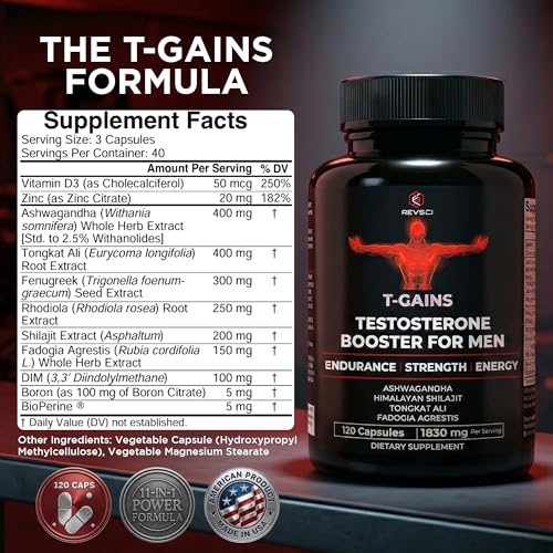 Image of Testosterone Booster for Men (120 Caps) - T-GAINS TRT Testosterone Supplement for Men - Boosts Muscle Growth, Strength, Energy & Endurance - Prime Total Test Booster & Max Anabolic Estrogen Blocker