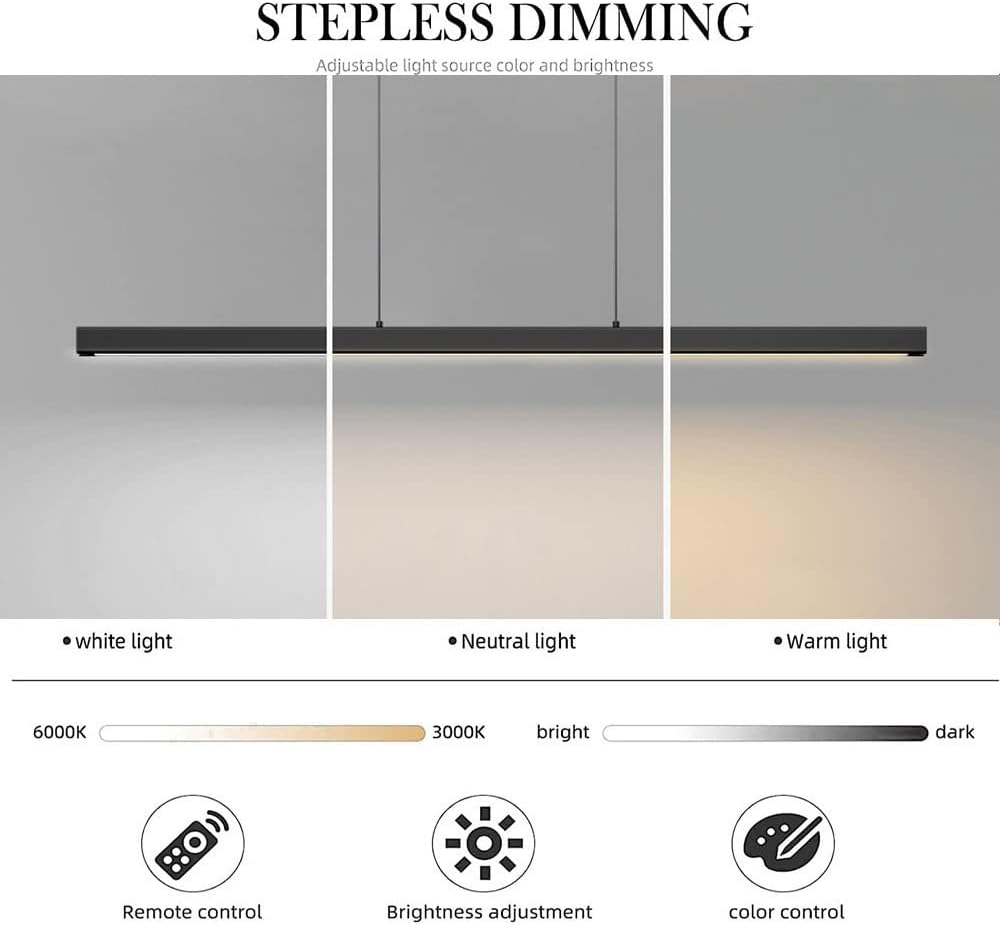 Minimalist Modern Linear Light Office Droplight White Black Long Strip Lamp Dining Room Led Hanging Lamp Fixture Nordic Dimmable Kitchen Island Lighting(Dark Color,150Cm)/K Color/80Cm