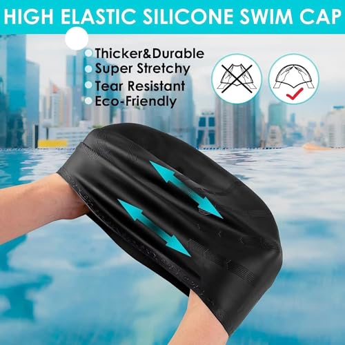 Image of TEKCOOL Designed Long Hair Swim Cap,Waterproof Silicone Swimming Cap for Adult Woman and Men,Keeps Hair Clean with Ear Protector Fresh Long Lasting Silicone Made Waterproof Swimming Cap (Blue)'