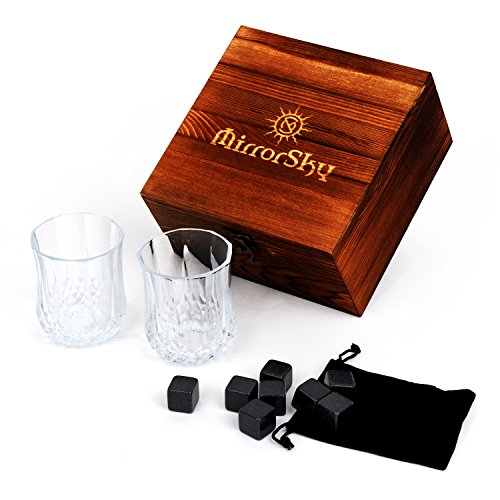 Whiskey Stones Gift Set Of 8 With Fancy, Beautiful Polished Granite Whiskey Rocks. 2 Deluxe Crystal Whiskey Glasses, Felt Carry Bag, Quality Wooden Gift Box. Whiskey Glass Set Keeps Drinks Cold & Pure #TOP2