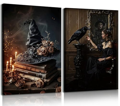 RUURUU 2Pcs Framed Vintage Halloween Canvas Wall Art Creepy Witch