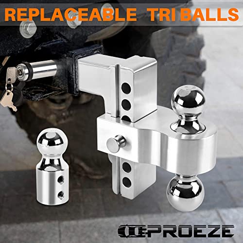Proeze Adjustable Trailer Hitch Replaceable Tri Balls (1-7/8", 2", 2-5/16"), Fits 2 Inch Receiver, 6-Inch Drop/Rise Aluminum Drop Hitch, 12500Lbs, Silver Tow Hitch With Double Anti-Theft Pins Locks #TOP4