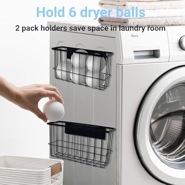 Magnetic Metal Basket Organizer for Fridge - 2 Pack Magnetic Dryer Ball Holder Lint Bin Shelf Storage Container for Laundry Room Refrigerator Black