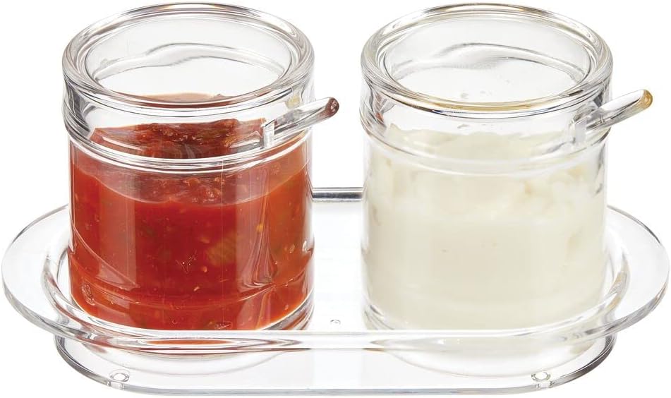 Bіg Sаlе mDesign Plastic Round Double Seasoning Container, Condiment Jar with Lid and Spoon for Kitchen Countertop to Hold Salt, Pepper, Sugar Cubes, Spices, Sprinkles, Hot Pepper Flakes, Condiments - Clear