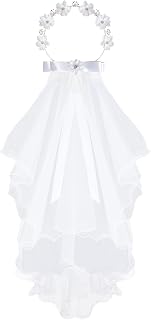 Girls First Communion Veil White Bowknot Crystal Rhinestone Floral Veil Holy Communion Flower Crown Hair Wreath for Wedding Party