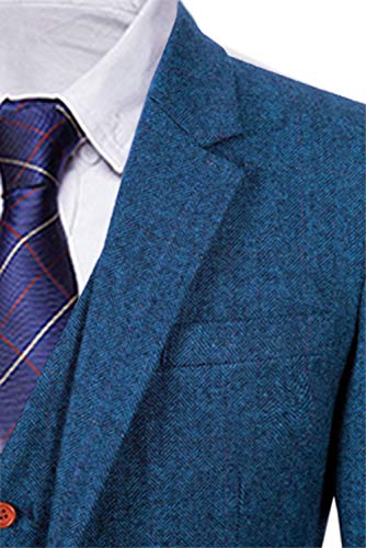 Wemaliyzd Men's British 3 Piece Plaid Tweed Suit V-Neck Single Breasted Waistcoat Pants (Blue, 48R) #TOP3