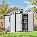 MELLCOM 8 x 6 FT Resin Outdoor Storage Shed with Floor, Outdoor Garden Tool Shed with Windows and Lockable Door for Lawnmower, Pool Supply, Bike