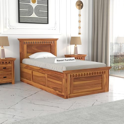 Image of Solid Sheesham Wood Single Size Bed with Box Storage for Bedroom Living Room Single Cot for Home Wooden Palang for Hotel (Honey, Size 6 * 4)