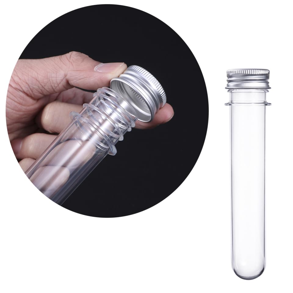ULTECHNOVO Plastic Test Tubes with Caps, 12pcs 40ml Plastic Test Tube Bottles Metal Screw Lids Clear Storage Vials for Bath Salt Candy Craft Samples