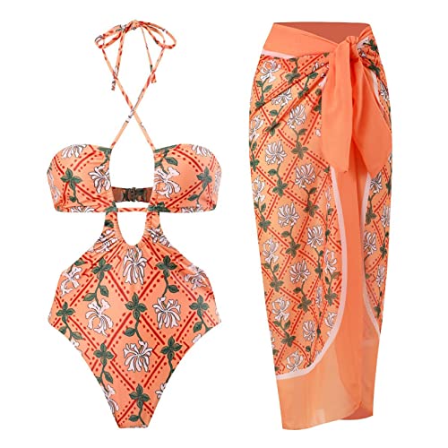Traje de baño para mujer monokini estampado con envoltura de playa y falda bikini
