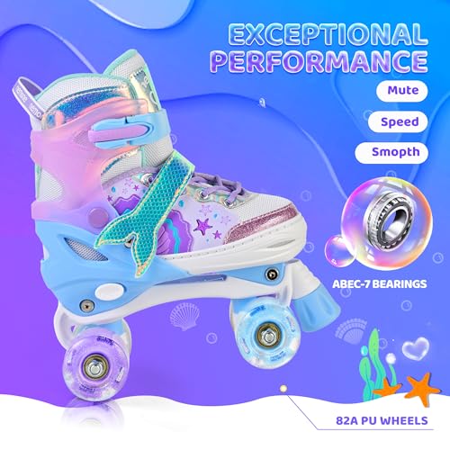 Image of NEMONE Mermaid 4 Size Adjustable Light up Roller Skates for Girls, Purple Blue Skates for Toddlers, Outdoor Beginner Kids Roller Skates Indoor - Size Small(10C-13C US)