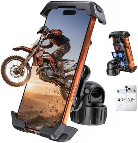 LOXP Motorcycle Phone Mount Holder - [Dual Vibration Dampener] Anti-Shake Bike Phone Holder, [Upgrade Handlebar Clip] Bicycle Motorbike Phone Mount for iPhone 17/16/15/14/13 Pro Max, 4.7–7" Phones