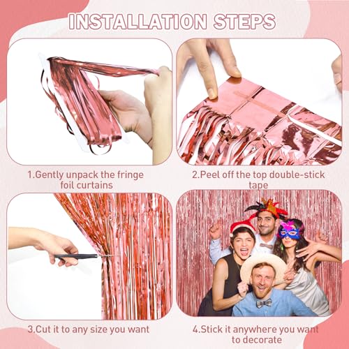 Image of Rose Gold Tinsel Backdrop Birthday Decorations, 2Pack Foil Curtains Metallic Photo Backdrop Foil Fringe Curtains, Party Streamers Supplies for Wedding Xmas Graduation Bachelorette Disco Door Decors