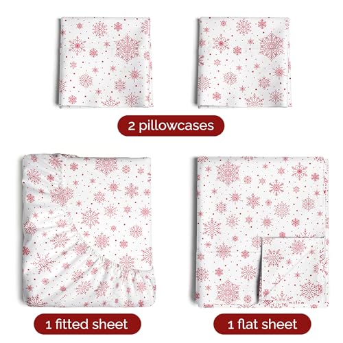King Christmas Red Snowflakes Sheet Set - Holiday Xmas Pattern Bedding Set - Deep Pockets - Snug Fit - 4 Piece - Wrinkle Free - Cooling Comfy Festive Winter Holiday Sheets for Women, Men, Kids & Teens