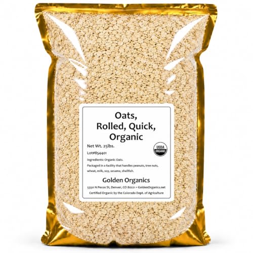 Golden Organics Rolled Oats, Quick Cooking, Organic, 25 Lbs, Ideal for Breakfast Bowls, Bulk Size for Restaurants, Perfect for Chefs and Culinary Professionals