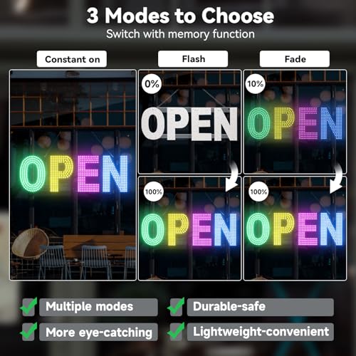 Image of LED Open Signs for Business, 30 inchL x 10 inchW Large Open Sign LED with 3 Scene Modes, Ultra Bright Adjustable Light Up Bar Sign for Storefront Window Glass Door Shop Store Salon Cafes Restaurant (Green-Yellow-Pink-Blue)
